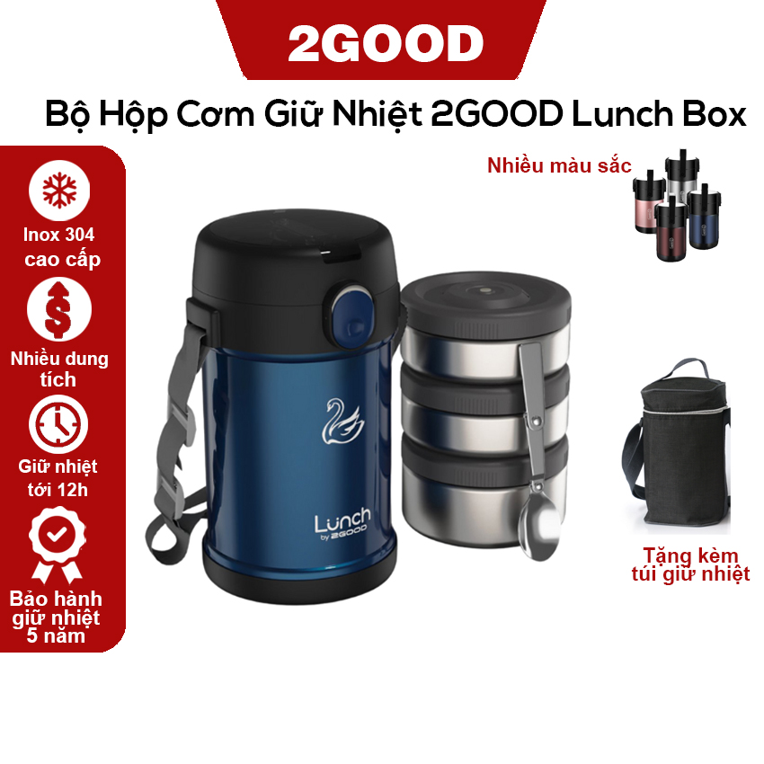 Bộ Hộp Cơm Giữ Nhiệt 2GOOD Lunch Box HC01, HC02, Kèm Muỗng và Đũa Inox 304, Bảo hành giữ nhiệt 5 năm