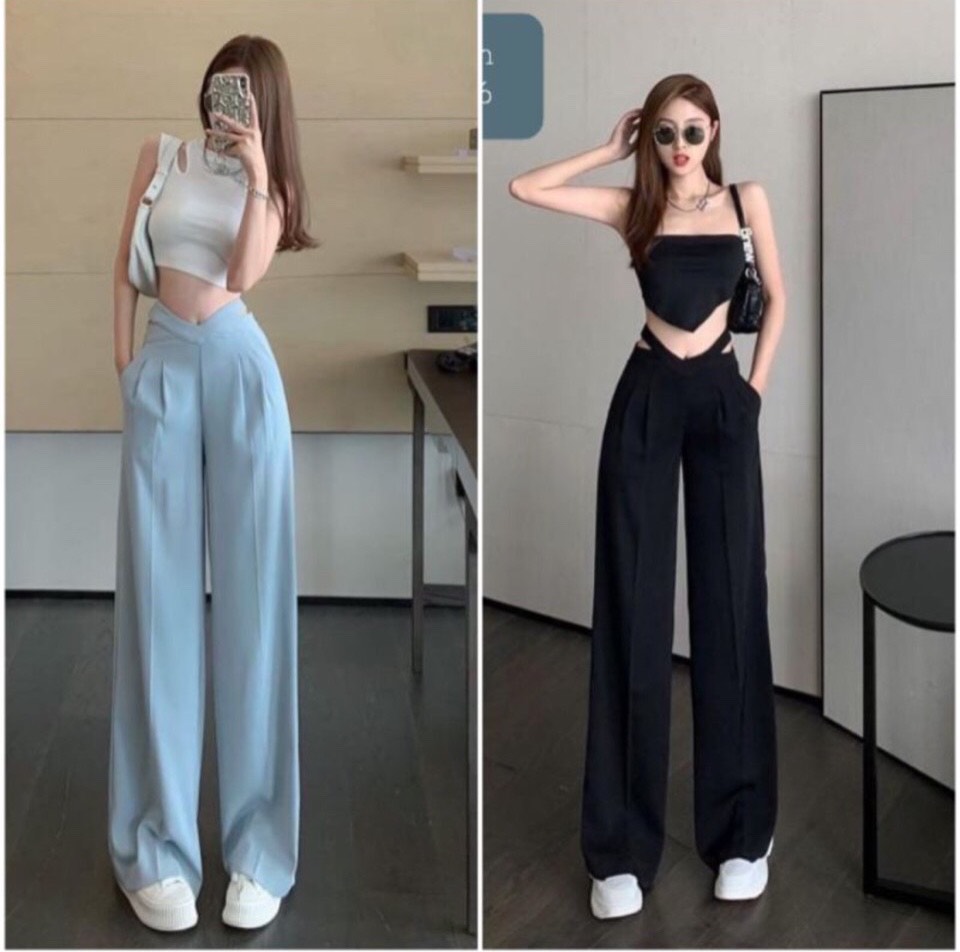 Quần tây khóa sau lưng ống suông khoét eo viền cạp trơn có đỉa