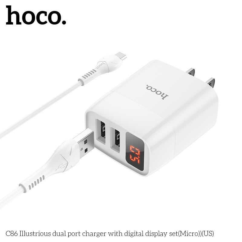 Bộ củ cáp  2.4A Hoco C86  2 cổng USB màn LED, Chân ip, Micro, Type-C - BH 12 tháng