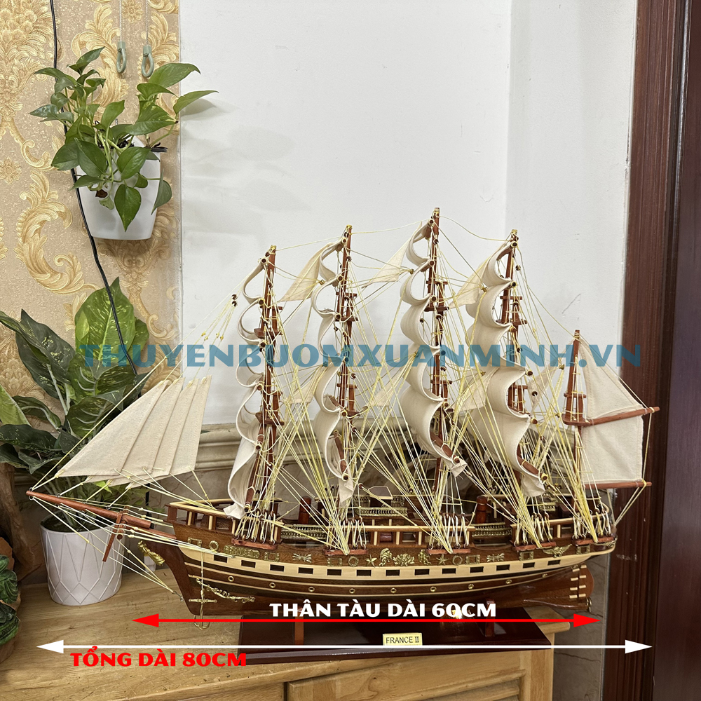 [Dài 80cm] Mô hình thuyền gỗ trang trí - thuyền gỗ chở hàng phong thủy France II - Thân tàu dài 60cm - Gỗ Xoan Đào - Hàng xuất khẩu