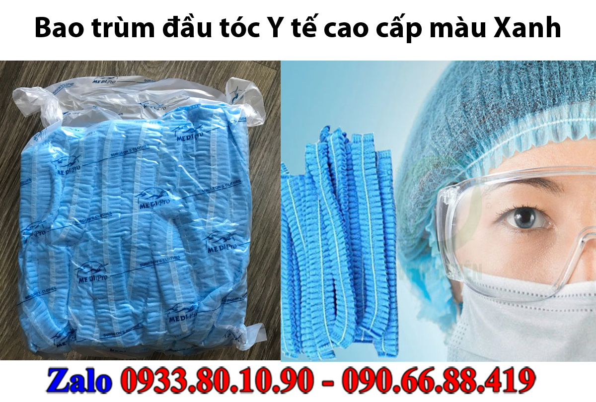 [Túi 100 cái] Bao trùm đầu tóc Y tế Medipro cao cấp ép chân không, màu Xanh - Mũ trùm đầu tóc, Nón trùm đầu, Nón y tế, nón con sâu, mũ trùm tóc, nón trùm tóc