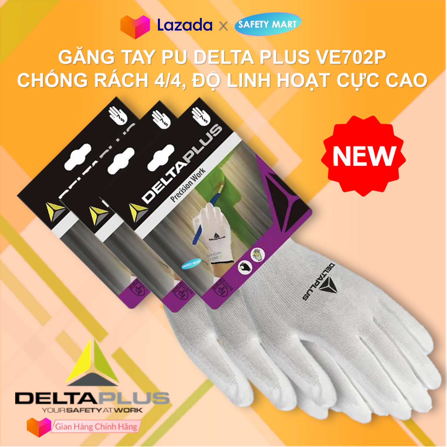 Combo 3 Double gloves labor protection Delta plus VE702P super durable glove super grip anti-wear wear-resistant cut-resistant tear-resistant cross puncture gloves labor protection-genuine goods safety Mart official