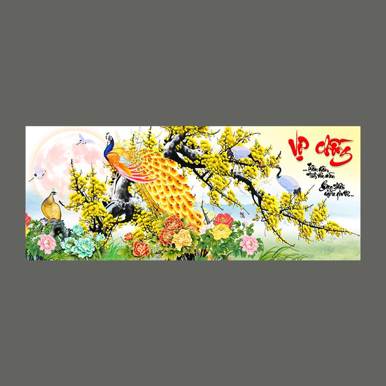 Tranh dán tường VTC Chim công vàng thư pháp Vợ Chồng UD0237 Kim sa