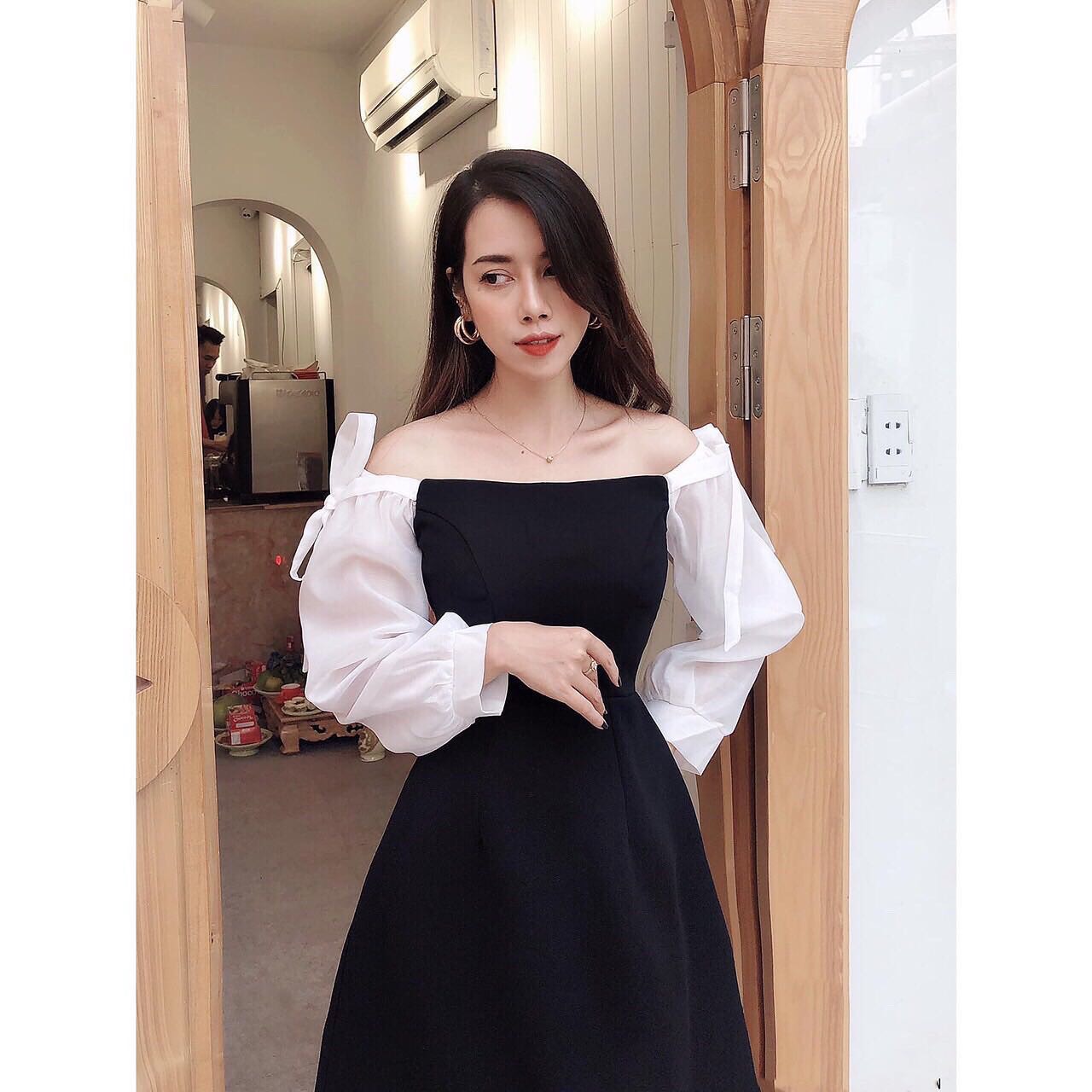 Đầm cát hàn đen trễ vai phối dài trắng thời trang TTSA0273