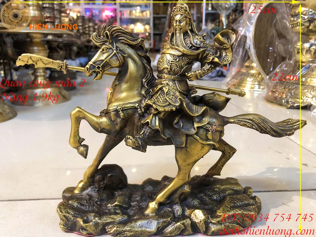 Tượng Quan Công Cầm Đao Cưỡi Ngựa Bằng Đồng Cao 22cm