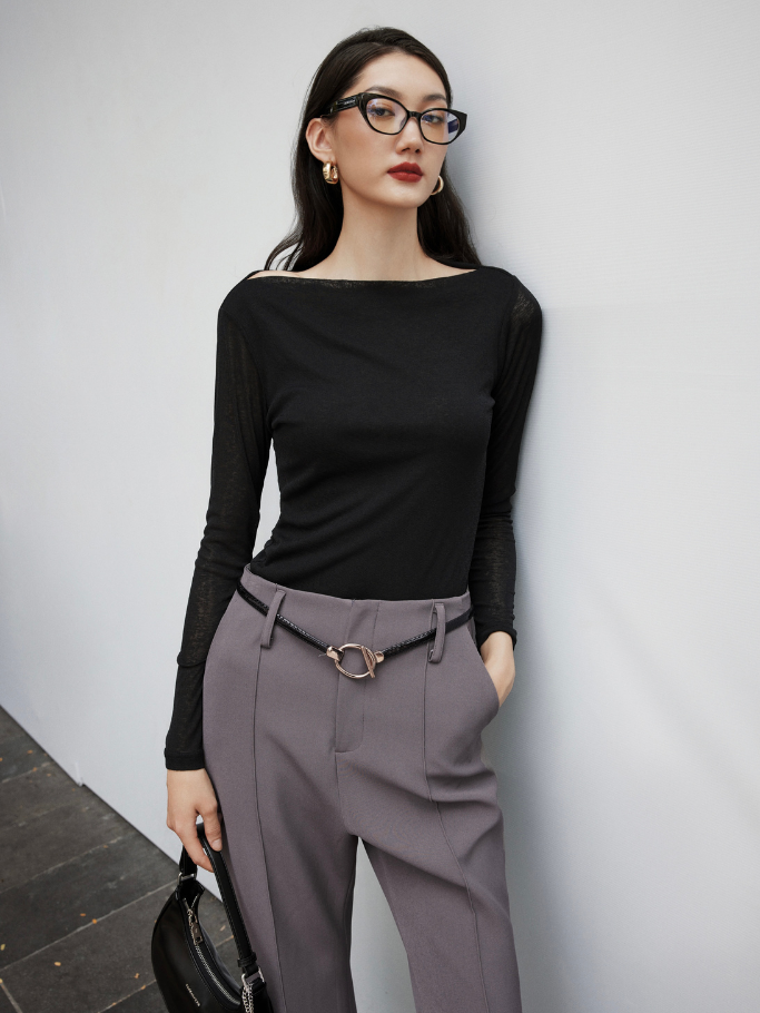 COCO SIN - Áo Thun Trẹt Vai Đen Tay Dài