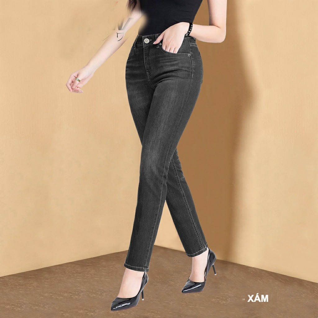 Quần jeans nữ trơn cotton 100% co giãn 4 chiều cạp cao tôn dáng-dts-mã 54