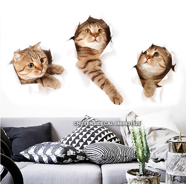Decal trang trí tường - 3 Con Mèo 3D siêu phá