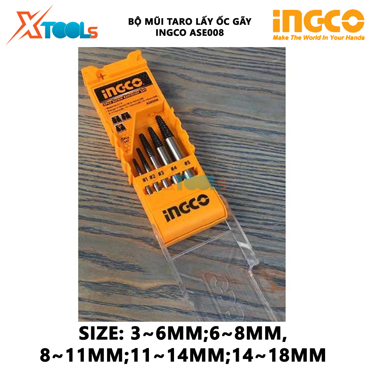 Bộ mũi taro lấy ốc gãy 5 chi tiết INGCO ASE008 Bộ 5 mũi ven răng Size 3-18mm Chất liệu Cr-V XTOOLs