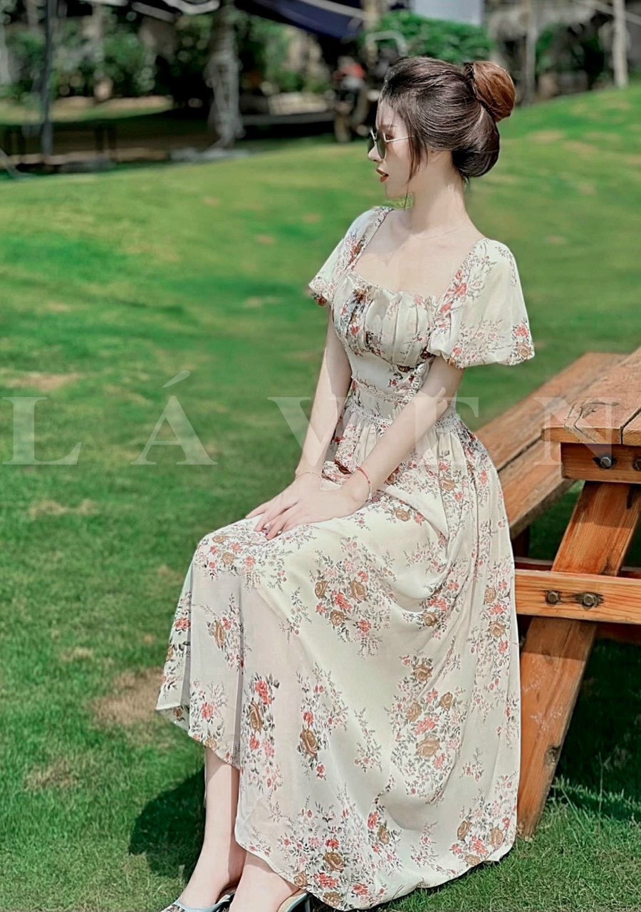 Đầm dự tiệc nữ dáng dài. cổ vuông, tay phông ( có mút & có lót)
