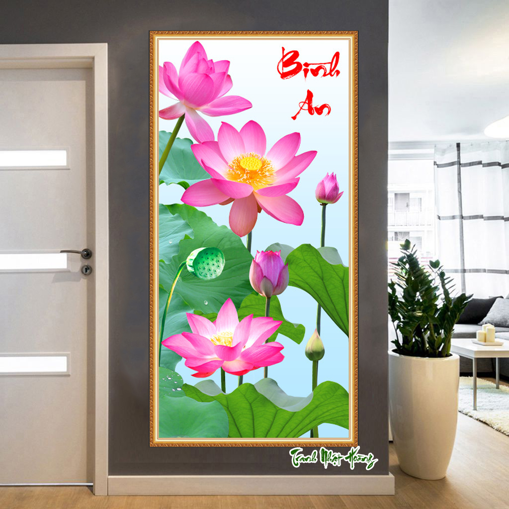 Tranh 3D hoa sen thư pháp dán tường