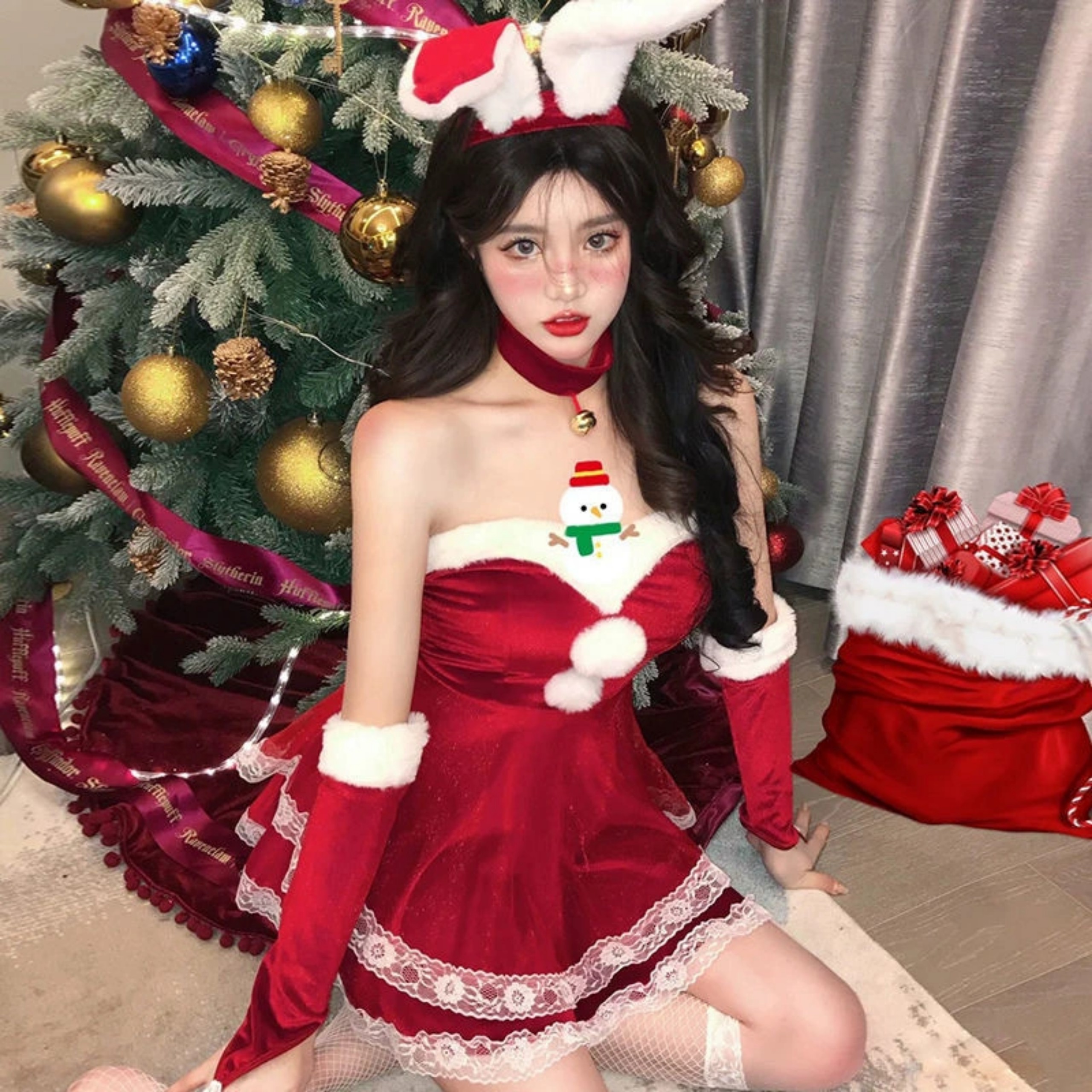 Băng đô cài tóc noel hình tai thỏ lông siêu dài