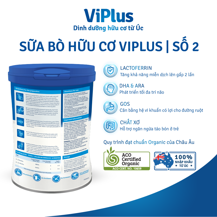 Sữa Bột Công Thức Hữu Cơ Viplus Organic Số 2 800g (6 Đến 12 Tháng) - Date 07.2023