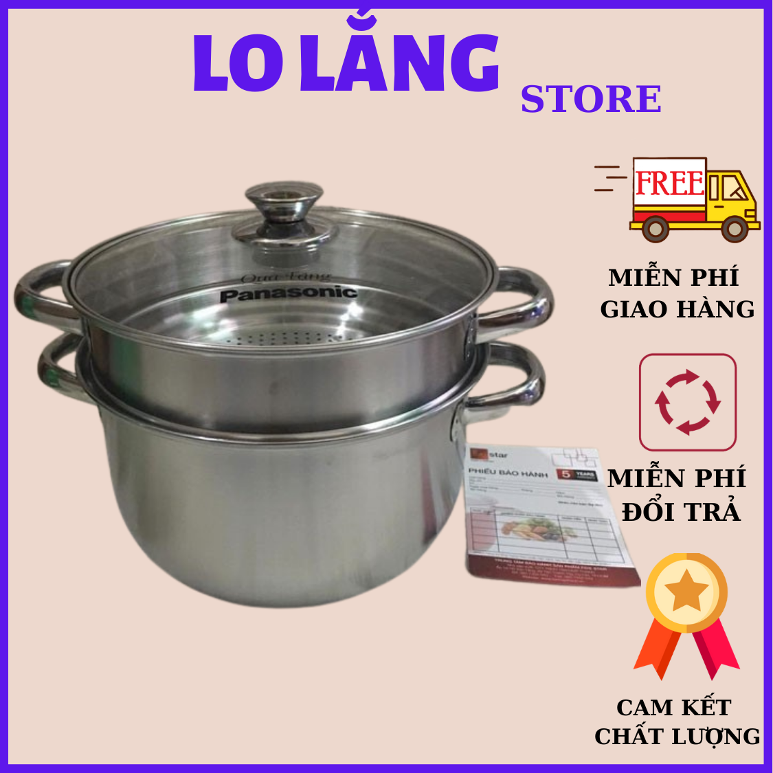Bộ nồi và xửng hấp Five Star 24cm nắp kính Panasonic dùng được mọi loại
