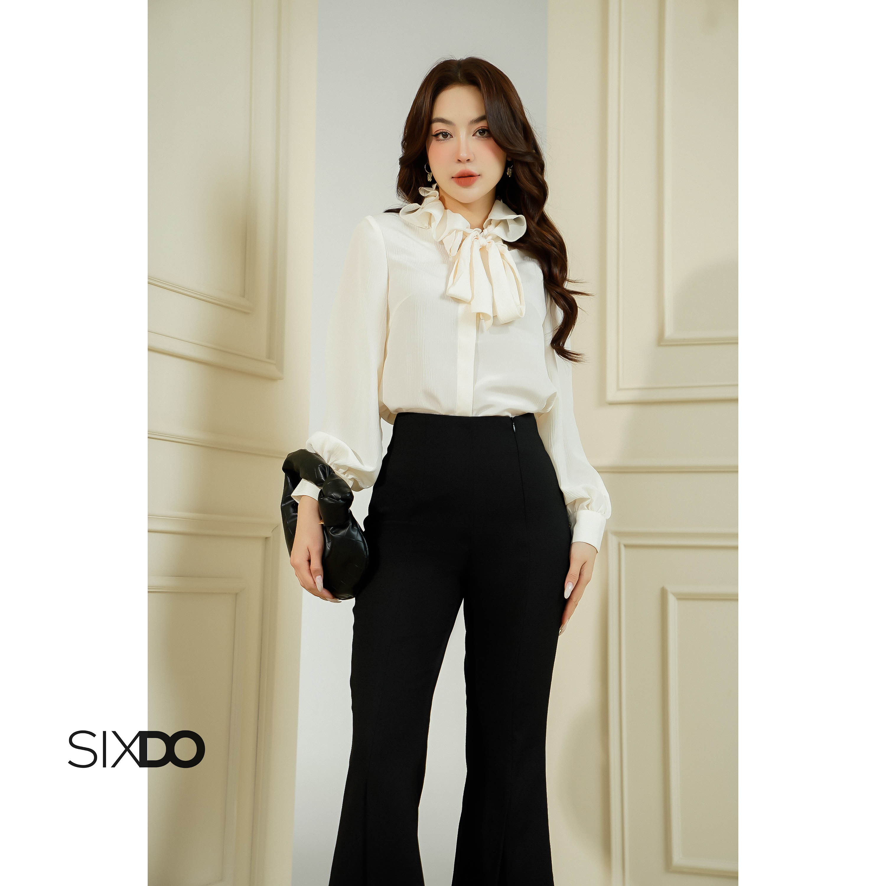 Áo sơ mi nữ cổ bèo SIXDO (Cream Long Sleeves Woven Shirt)