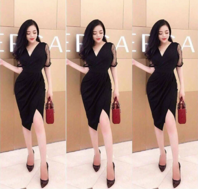 [HCM]Đầm body dự tiệc cổ V phối tay lưới xoắn eo