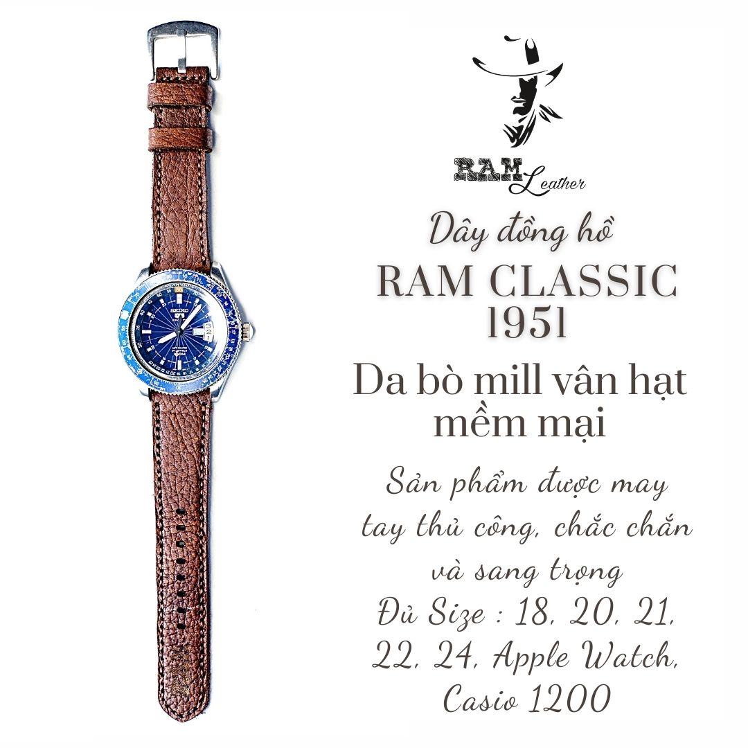 Dây đồng hồ siêu bền da bò vân hạt nâu handmade - ram classic 1951