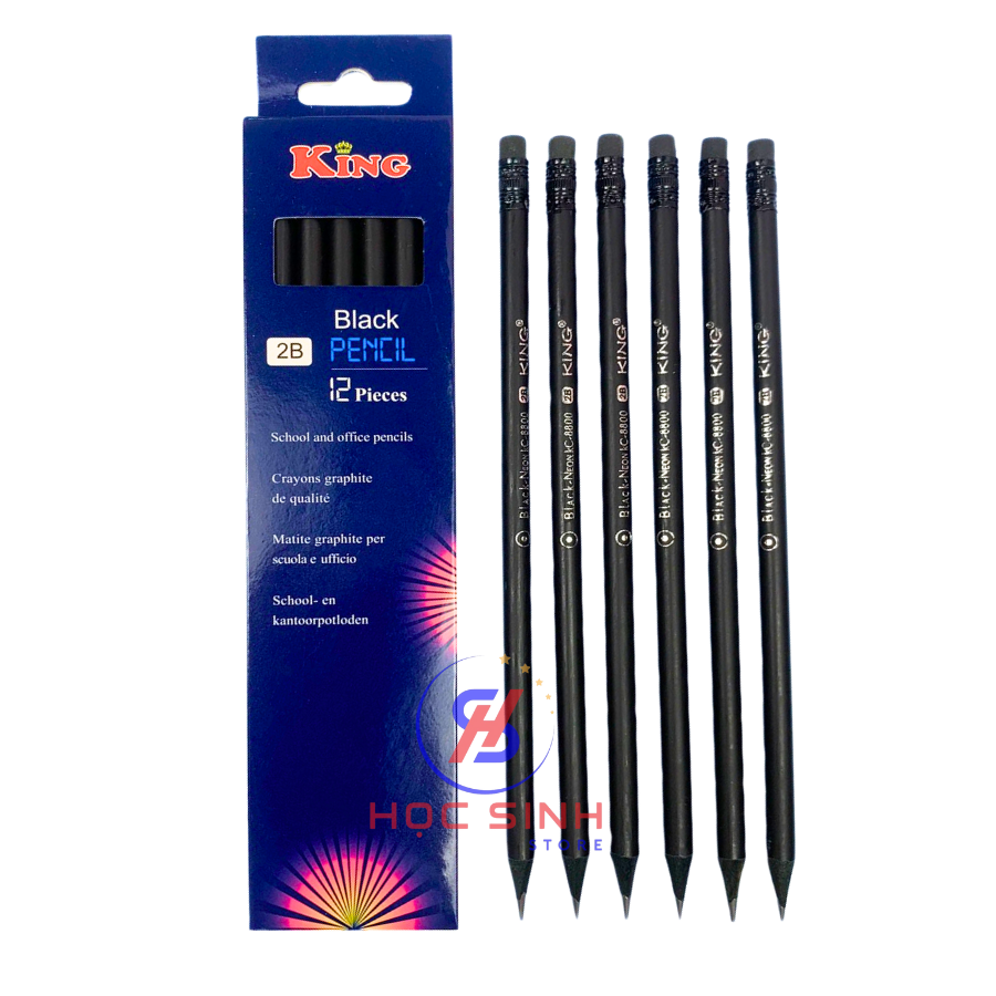 Hộp 12 cây bút chì đen 2b có đầu gôm king - học sinh store