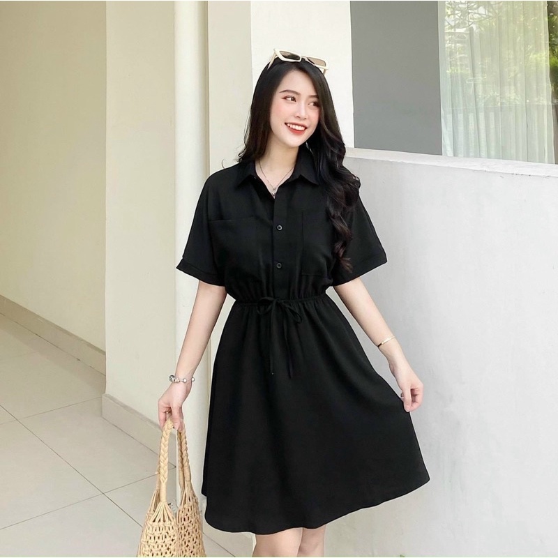 Đầm sơ mi thun eo 2 màu