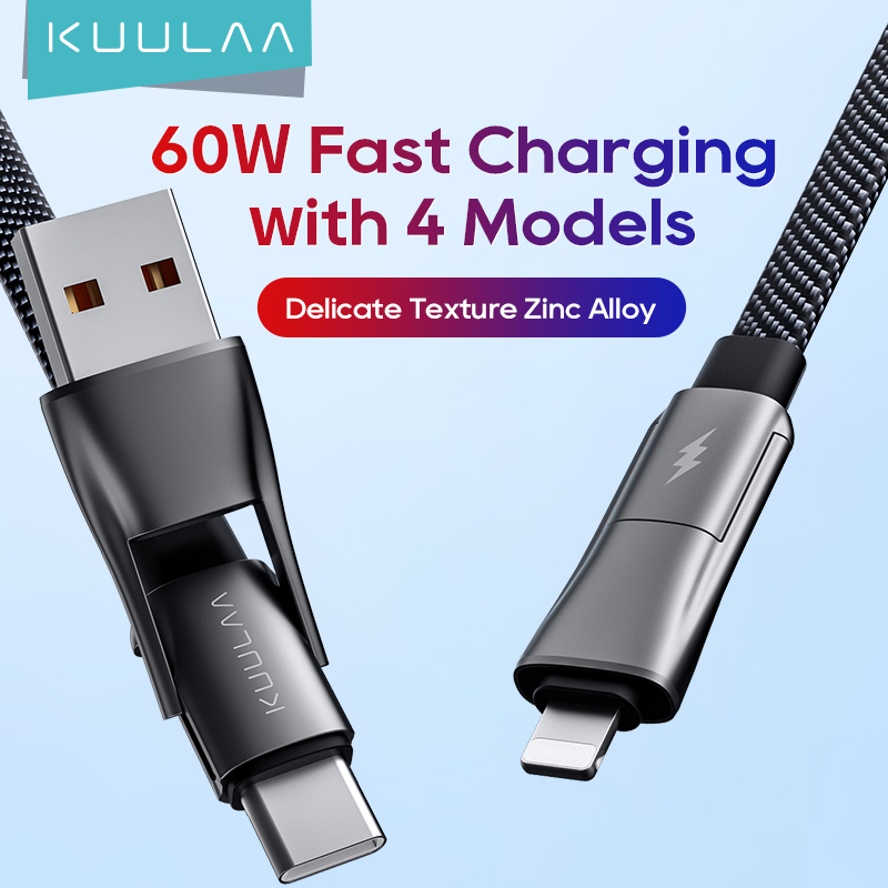 KUULAA Cáp USB 4 trong1 Cáp USB A / USB C to Lightning PD 60W 20W Sạc nhanh Chip thông minh An toàn hơn Dây dữ liệu bền hơn cho iPhone 15  Pro Max 14 13 12 11 asd