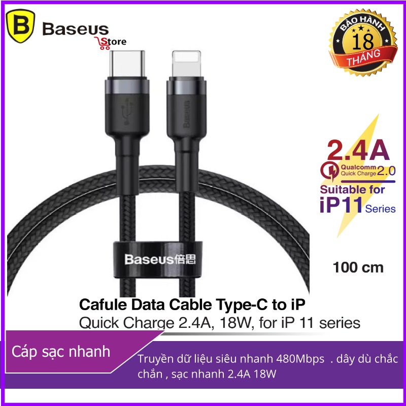 Cáp sạc nhanh Baseus Cafule Data Cable Type-C to iPhone 2,4A 18W phân phối bởi baseusstore