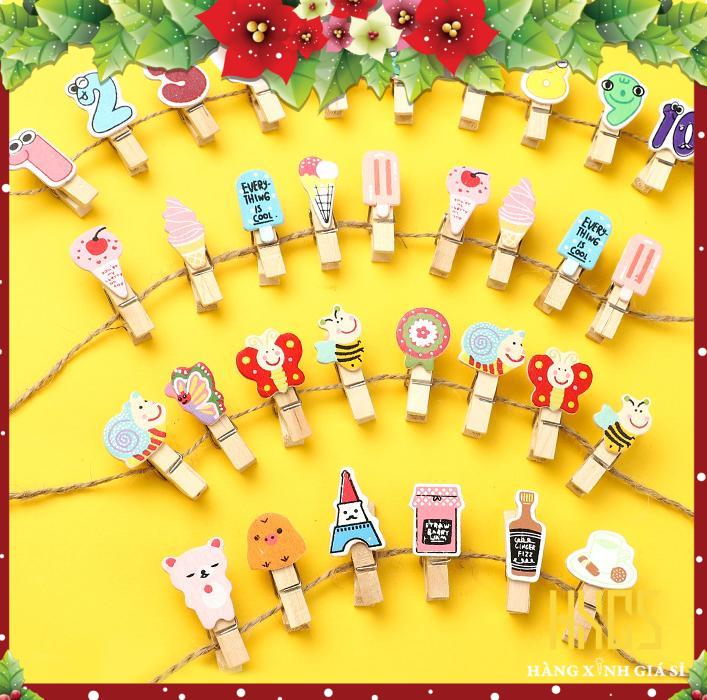 Kẹp ảnh gỗ trang trí treo ảnh kèm 2m dây, kẹp gỗ hxgs set 10 cây