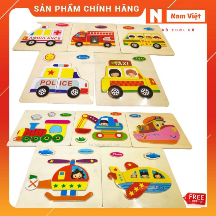 Tranh ghép các loại phương tiện giao thông 10 loại tranh | Đồ chơi gỗ Nam Việt