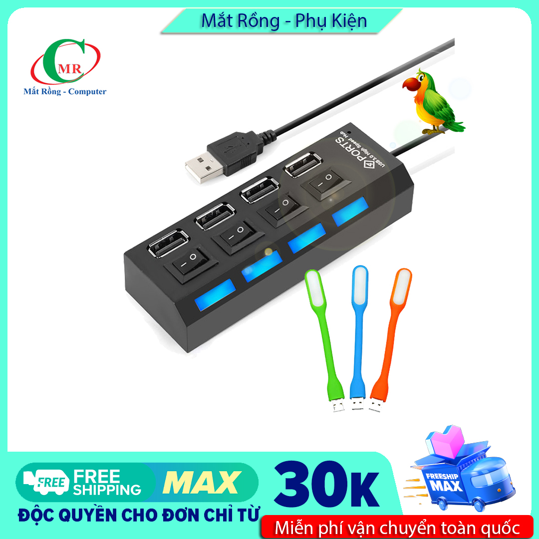 [Tặng đèn led usb siêu sáng] Bộ chia usb từ 1 ra 4 usb có công tắt 2.0 (hub usb dùng cho laptop, PC,...)