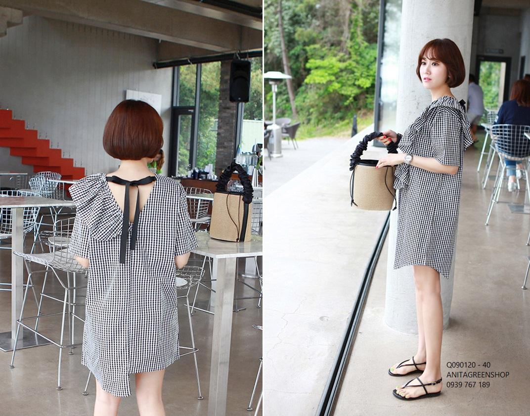 Q090120  ĐẦM SUÔNG CARO NHÚN BÈO