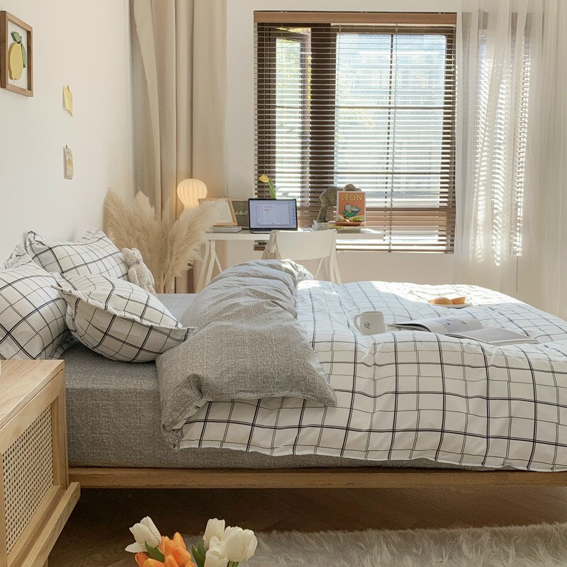 Trọn bộ chăn ga gối mền 4 món cotton poly nhập mẫu kẻ caro đen trắng. chất liệu cao cấp