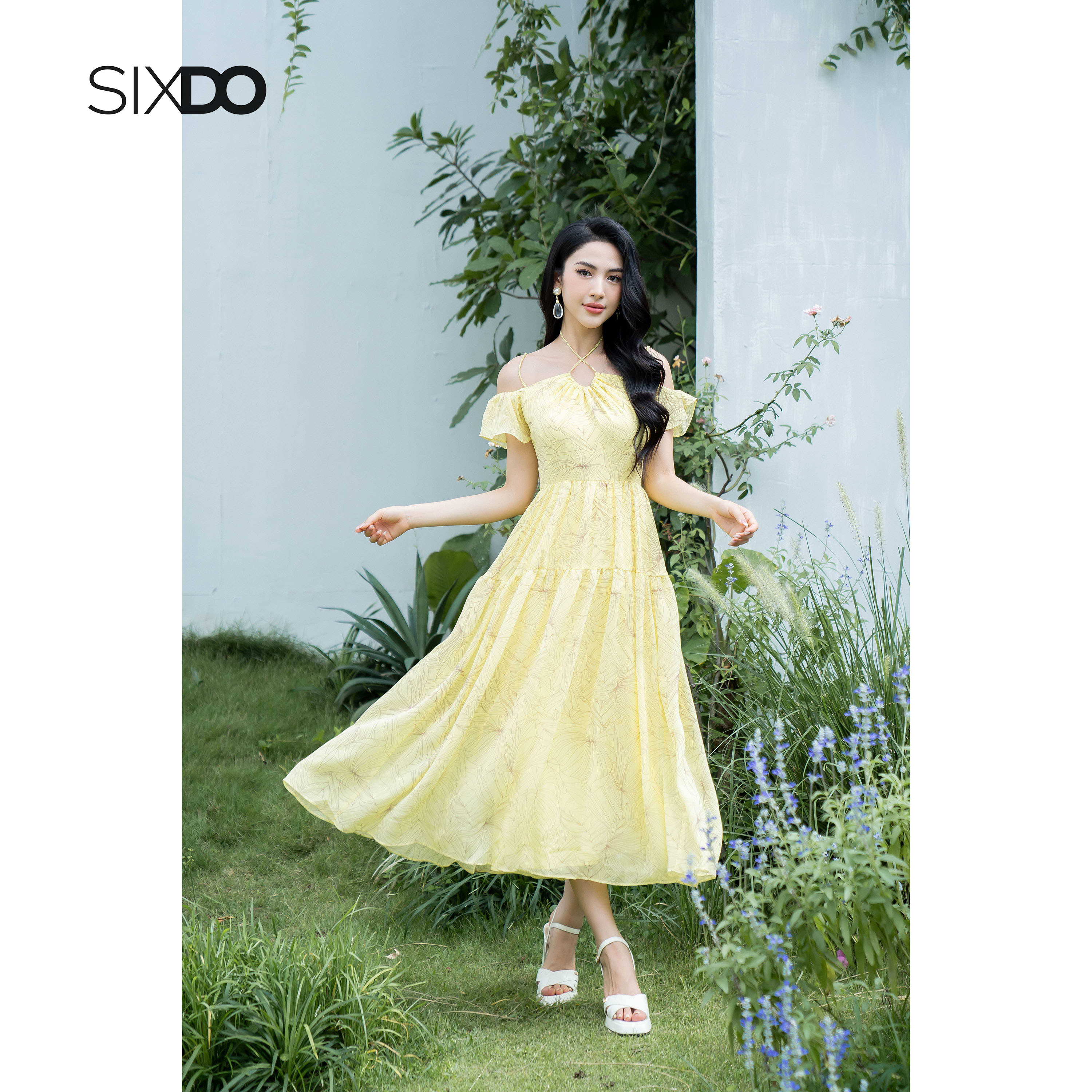 Đầm voan hoa trễ vai dây cổ SIXDO (Floral Midi Voile Dress)