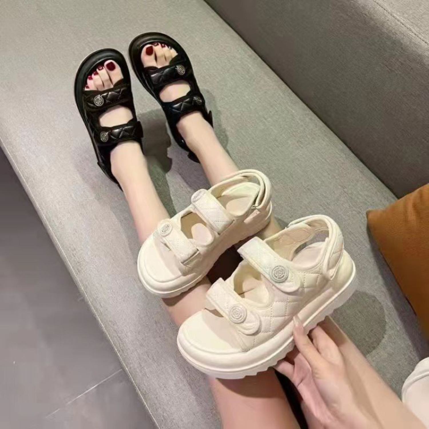 Giày Sandal hoa chàm đế bánh mì Xăng đan hoa trà đế răng cưa 5cm