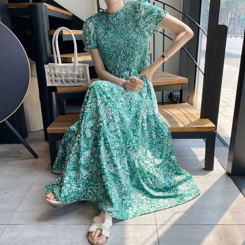 Đầm cho nữ theo phong Cách Retro dáng dài họa tiết hoa xanh nhỏ cổ tròn kiểu gấp bó eo - INTL - Hàng quốc tế | Lưu ý thời gian giao hàng dự kiến
