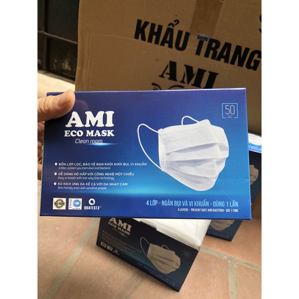 1 Hộp 50 Chiếc Khẩu Trang Y Tế 4 Lớp Ami Hàng Chất Lượng Cao Đen,Xanh, Trắng, Xám