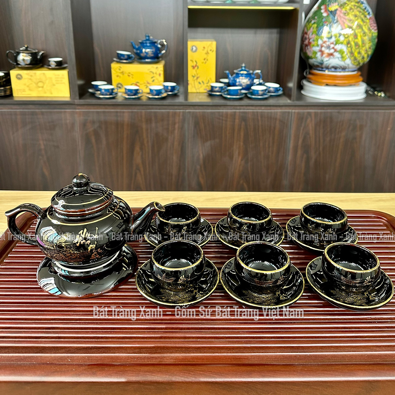 Bộ Ấm Chén Men Đen Bóng VInh Hoa Phú Quý - Bộ Ấm Trà Bát Tràng Đẳng Cấp