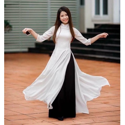 Áo dài nữ sinh truyền thống màu trắng 4 tà cổ cao kèm quần | Lazada.vn