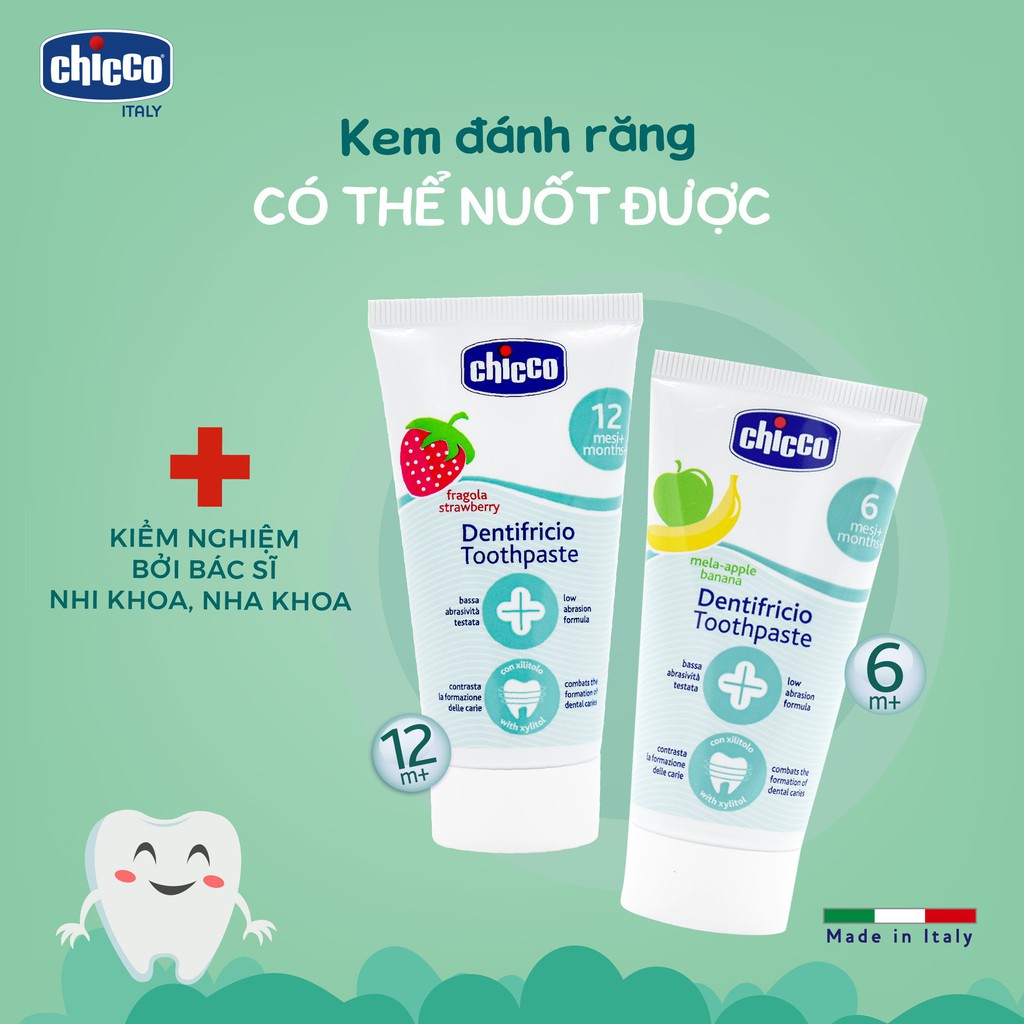 Kem đánh răng cho bé nuốt được CHICCO 6m+, kem đánh răng trẻ em 50ml