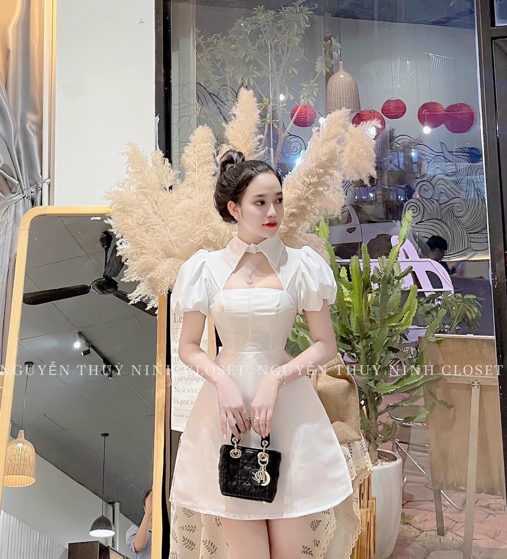 Đầm nữ thời trang mặc đi chơi chất tapta phối cổ sơmi xẻ ngực tay ngắn váy chữ A xinh xắn