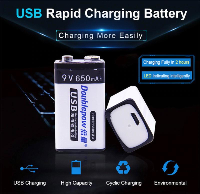 Doublepow 9V Battery USB Rechargeable Battery Square Battery Parts 650mAh NI-MH VS New Dry Battery 9V Zinc Carbon 6F22 D038