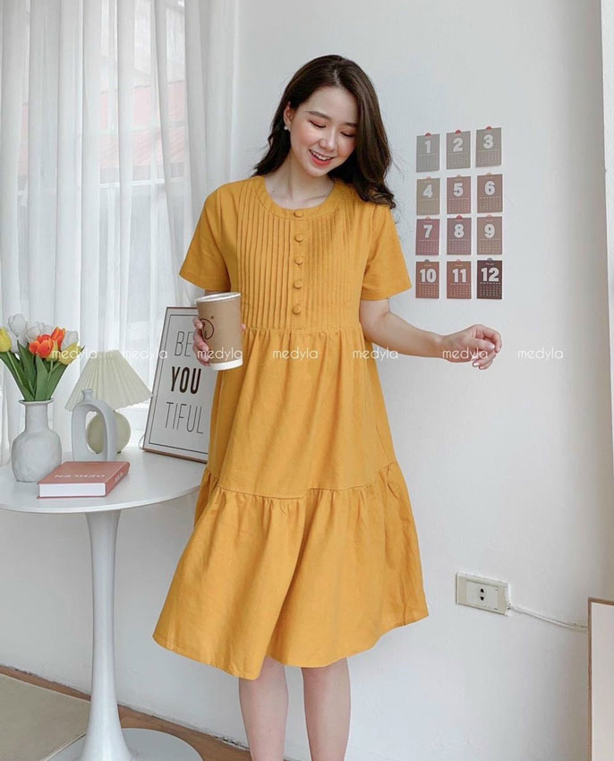 Đầm bầu công sở dễ thương tphcm dáng baby doll vải cao cấp thoáng mát mùa hè mềm không nhăn có túi bên sườn dáng dài qua gối free size 40-70kg