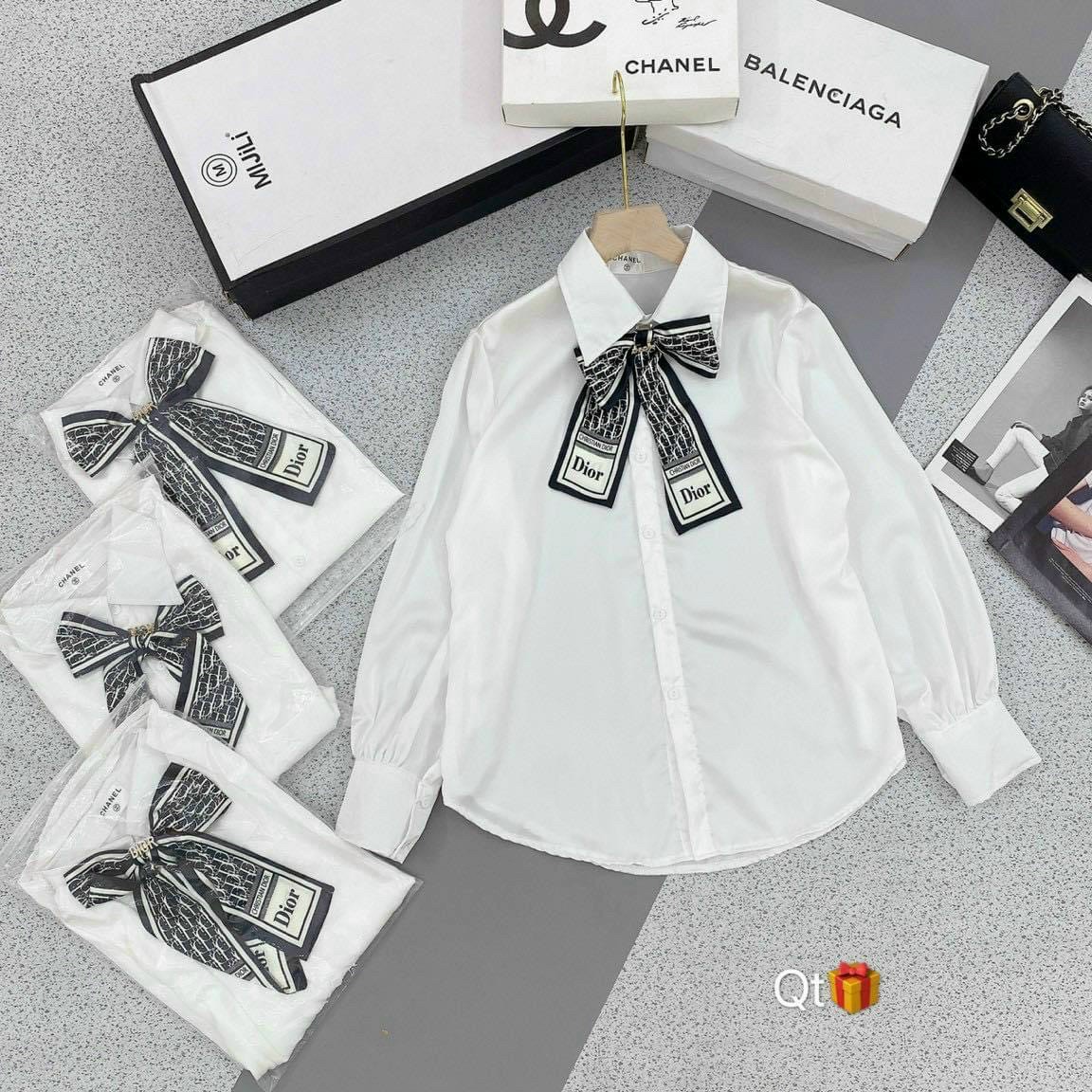 Áo sơ mi lụa CAO CẤP Chanel dành cho nữ có dây buộc NƠ  2 màu đen trắng  chính hãng 45000đ