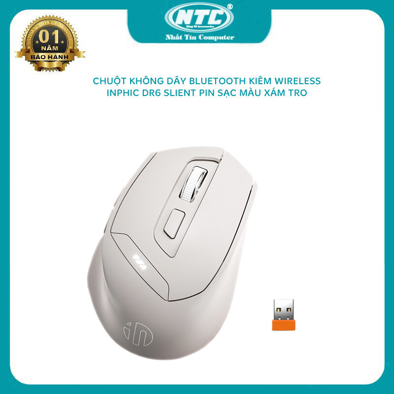 Chuột không dây bluetooth kiêm wireless INPHIC DR6 Silent không tiếng click (màu xám tro) Nhất Tín Computer