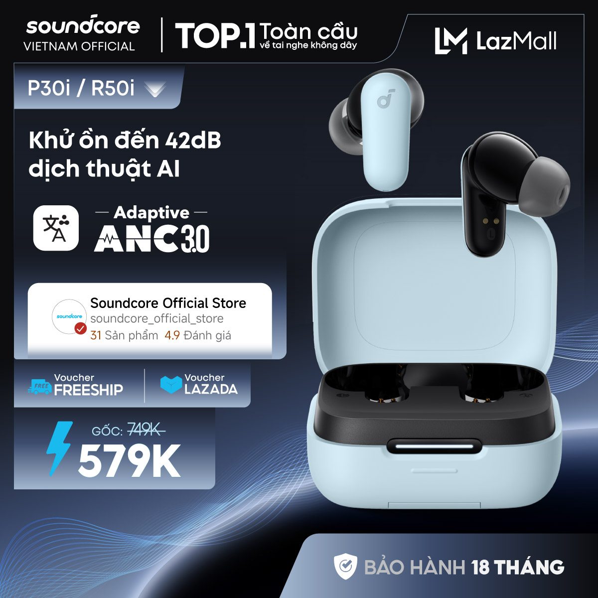 Tai nghe bluetooth soundcore R50iNC (P30i) chống ồn ANC | Chống nước và bụi IP54 | 40 giờ phát nhạc