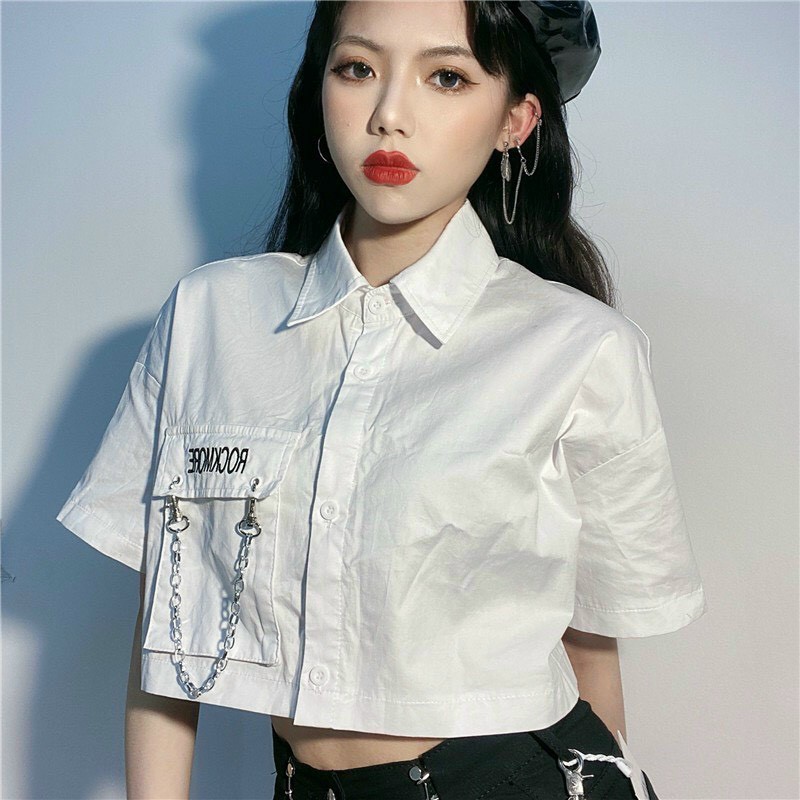 Áo croptop sơ mi nắp túi tặng kèm xích cá tính