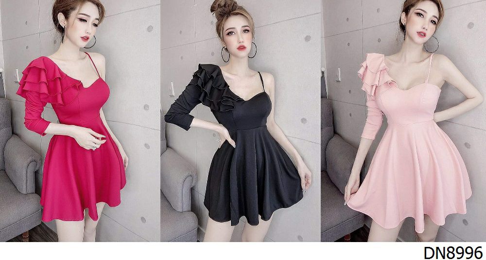 đầm xòe lệch vai phối bèo sang chảnh