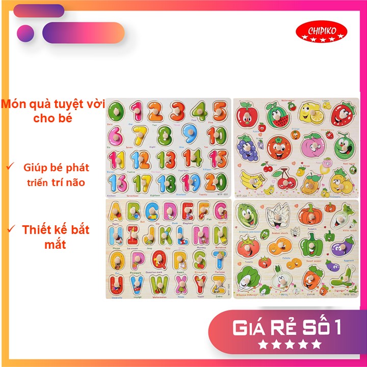 Combo 4 Bảng Ghép Hình Núm Gỗ (Rau Củ, Hoa Quả, Chữ, Số)
