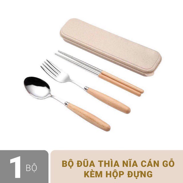 Bộ thìa đũa cá nhân văn phòng lúa mạch cán gỗ 3 thứ thìa,dĩa,đũa