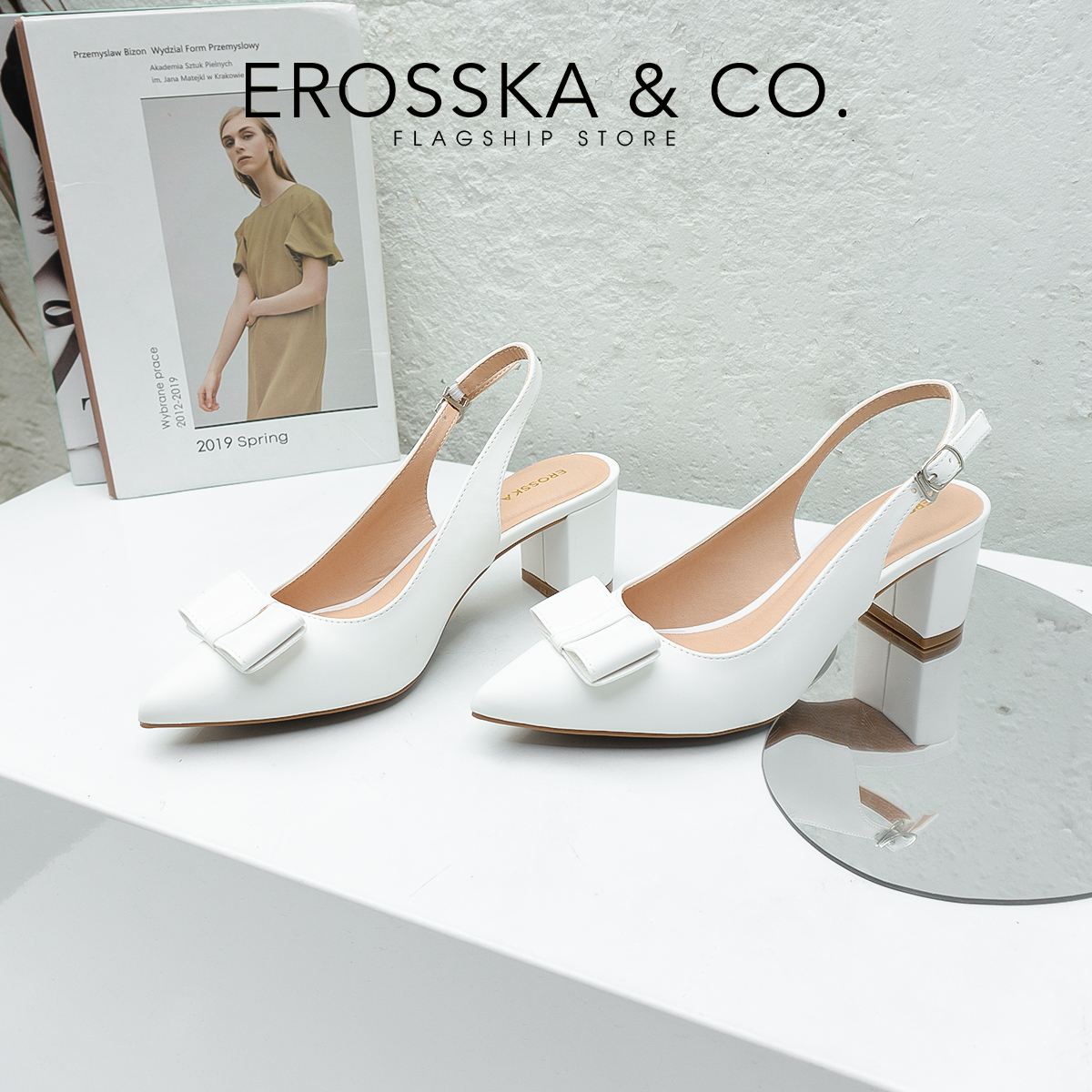 Erosska - Giày cao gót mũi nhọn phối quai đính nơ cao 5cm màu đen - EH034