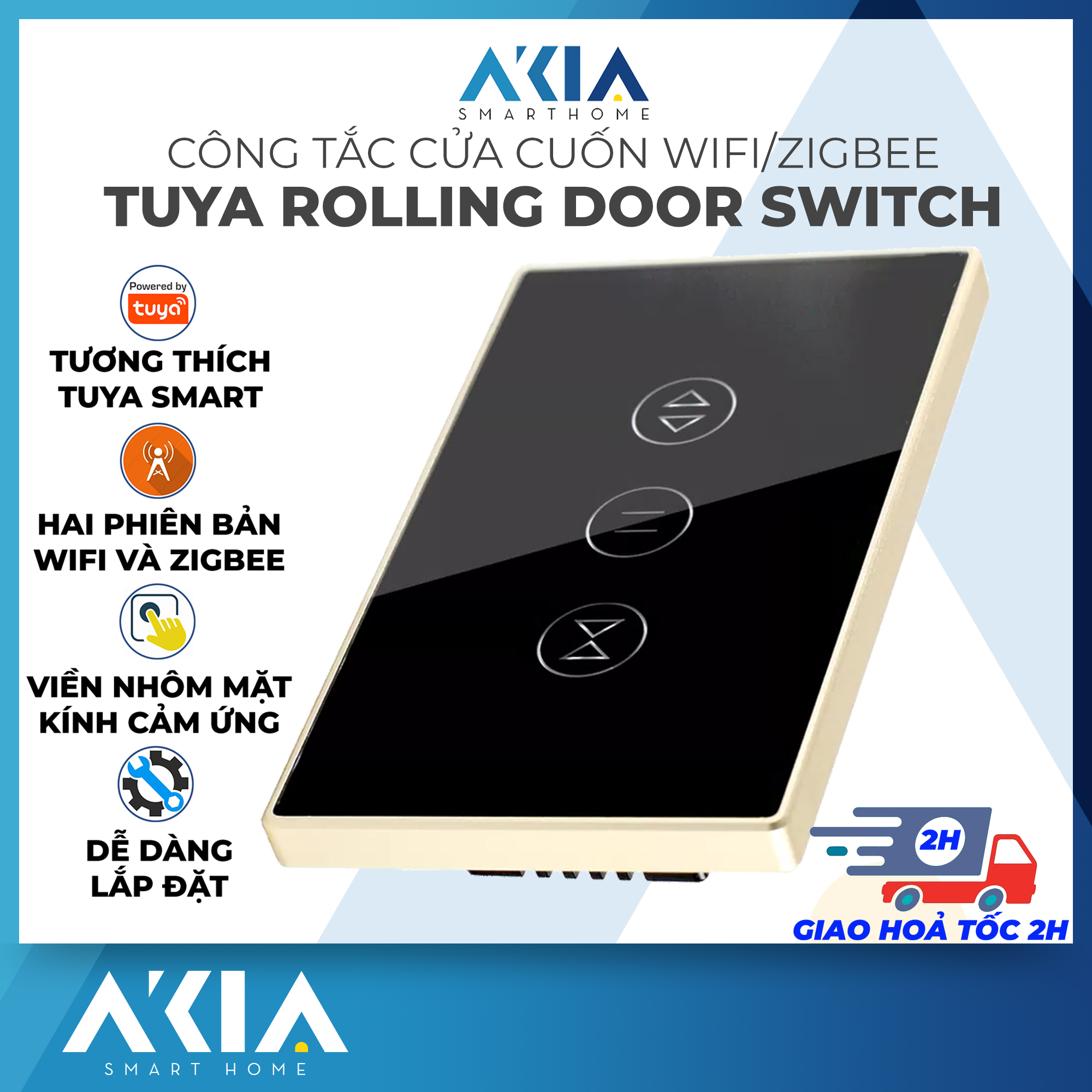 Tuya WiFi/ZigBee Akia Switch rolling door - Controlling remotely, timer switch on/off, connect Smart Life App, edging design aluminum front glass touch screen panel