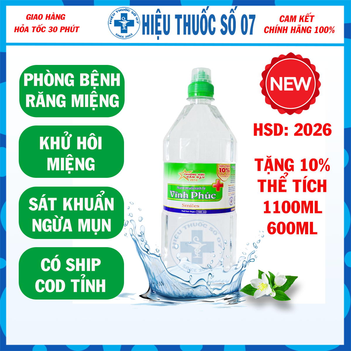 Nước Muối Sinh Lý Vĩnh Phúc Natri Clorid 0.9% Rửa Mũi Sát Khuẩn Chai 1000ml